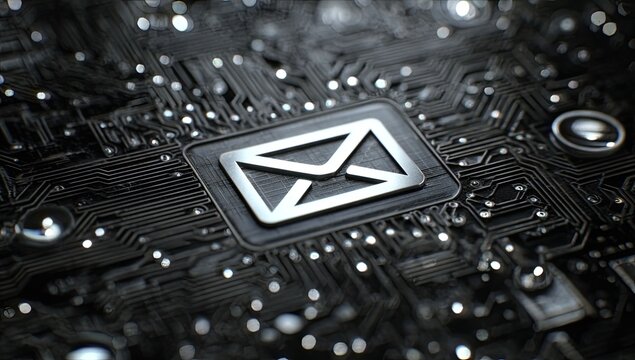 A digital envelope symbol glows on a dark, complex circuit board - Powered by Adobe