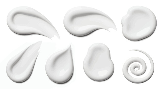 A set of milk swirls and drops displayed on a white backdrop, perfectly illustrating the creamy texture and smooth consistency in a clean, minimalist style.