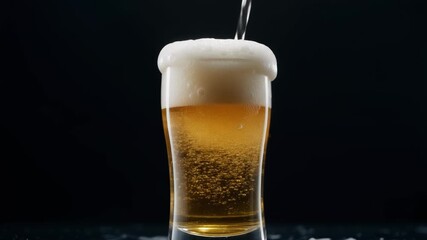 4K Slow motion beer pouring into the glass with foam bubble against dark background - Powered by Adobe