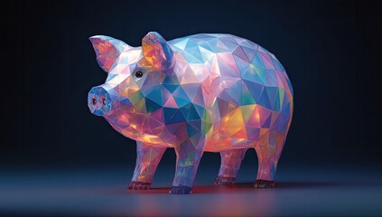 Crystalline, geometric pig sculpture in rainbow light against dark background