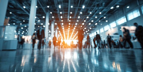 Fototapeta premium Blurred crowd in brightly lit, modern convention hall