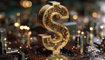 Gleaming golden dollar sign embedded within a complex circuit board