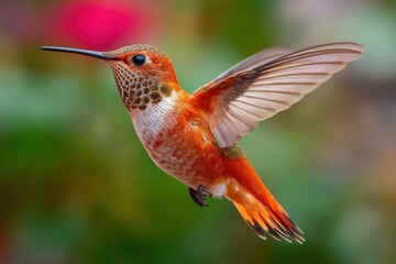 Obraz premium Colorful hummingbird hovering in a vibrant garden, capturing the essence of nature with its delicate wings and vibrant feathers on a sunny day