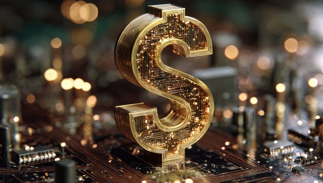 Gleaming golden dollar sign embedded within a complex circuit board - Powered by Adobe