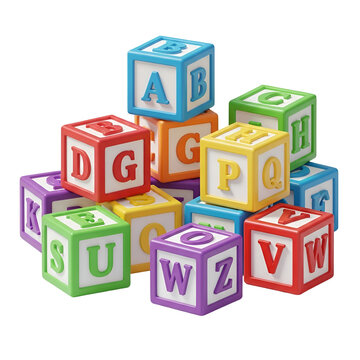 A pile of colorful alphabet blocks with letters on them against a clean white background.