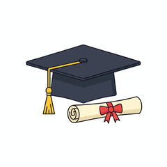 A mortarboard with tassel and a rolled diploma tied with a red ribbon