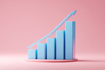 A pastel pink background with a growing light blue bar graph and upward arrow