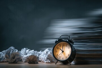 Alarm clock by a stack of papers and crumpled balls, suggesting deadlines