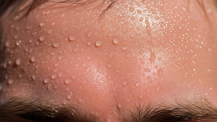 Fototapeta premium Close-up of a sweaty forehead with visible droplets of sweat.