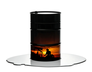 A black oil barrel with a sunset scene of a pump jack and a silhouette of a worker, set on a reflective spill