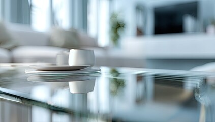 A coffee table with two cups, reflecting a blurred modern living room