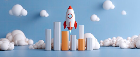 Rocket launches from colorful bars against cloudy blue sky