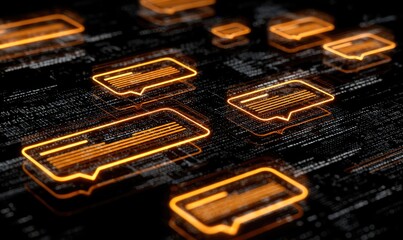 Glowing chat bubbles float over a dark, digital background of code