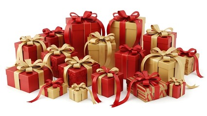A Generous Assortment of Red and Gold Gift Boxes Tied with Ribbons.