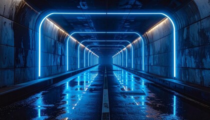 A futuristic neon tunnel with glowing blue lights and reflective surfaces in a symmetrical sci-fi design.