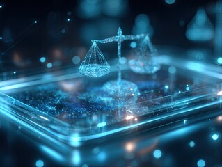 Digital scales of justice illuminate a futuristic court system interface