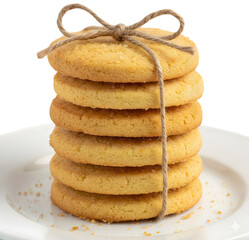 Stack of sugar cookies tied with rustic twine bow isolated on white background suitable for bakery promotions and homemade gift concepts.