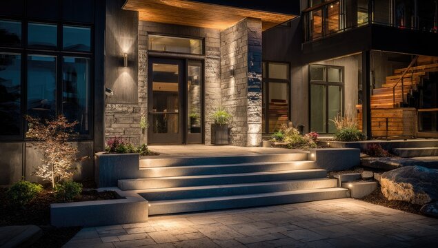Luxury modern home entrance illuminated by warm outdoor lighting at night