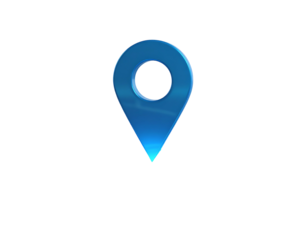 A 3D rendered, shiny, blue, location marker isolated on a black background, with a metallic gradient and a circular opening at the top