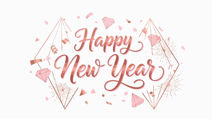 Elegant rose gold 'Happy New Year' calligraphy with sparkling confetti, diamonds, and geometric frames, ideal for festive holiday greetings and joyous celebration designs