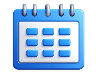 A blue, three-dimensional digital calendar icon. The paper has a grid showing dates. The binding is at the top with silver rings