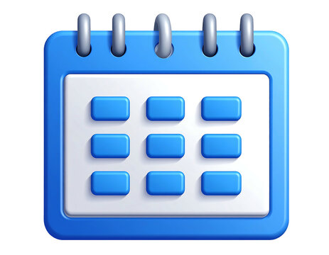 A blue, three-dimensional digital calendar icon. The paper has a grid showing dates. The binding is at the top with silver rings