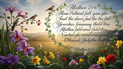 Inspirational Floral Landscape with Bible Verse and Birds.