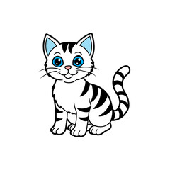Obraz premium A cute cartoon illustration of a white cat with black stripes and bright blue eyes sitting and looking forward.