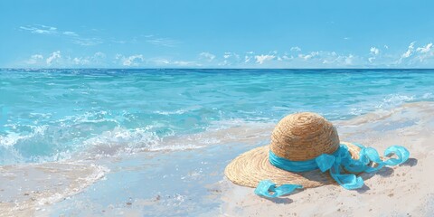 A straw hat adorned with a blue ribbon rests on a sandy beach by the turquoise ocean