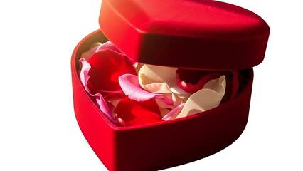 An open red heart-shaped gift box filled with crumpled paper on a plain white background
