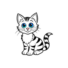 A cute cartoon illustration of a black and white tabby kitten with bright blue eyes sitting and looking forward.