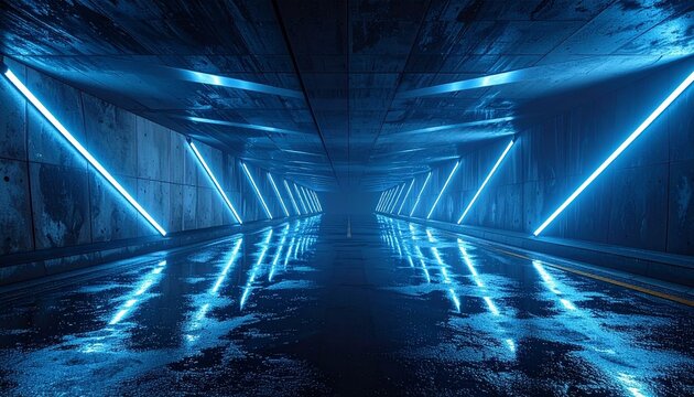 A futuristic neon tunnel with glowing blue lights and reflective surfaces in a symmetrical sci-fi design. - Powered by Adobe