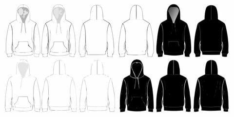 Technical illustration of various hooded sweatshirts in different views and colors