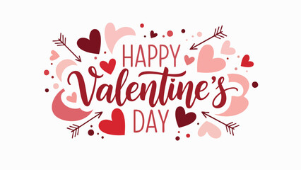 Elegant 'Happy Valentine's Day' decorative typography art, embellished with charming red and pink hearts and playful cupid arrows, perfect for expressing deep affection and celebrating romance