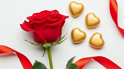 A beautiful, vibrant red rose elegantly rests on a pristine white background, accompanied by four shimmering golden heart-shaped decorations and gracefully intertwined red satin ribbons. This sophisti