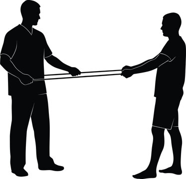 Physical therapy resistance band exercise between two men silhouette Rehabilitation and fitness training vector illustration