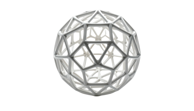 A 3D rendered geometric sphere constructed of white, interconnected linear shapes against a solid black background - Powered by Adobe