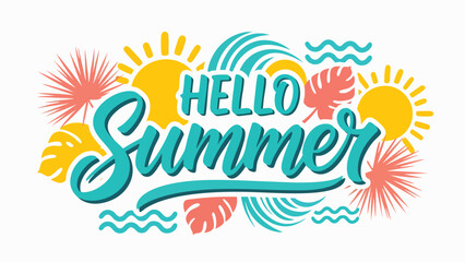 Vibrant handwritten 'Hello Summer' greeting banner with cheerful suns, tropical palm leaves, and playful waves, perfect for seasonal designs and holiday celebrations