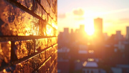 Fototapeta premium Sunlit brick wall with city skyline silhouetted at golden sunset, blending texture and urban serenity.