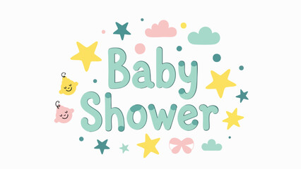 Charming pastel baby shower greeting card illustration, adorned with whimsical stars, fluffy clouds, and sweet bows, ideal for celebrating the joyful arrival of a new little one