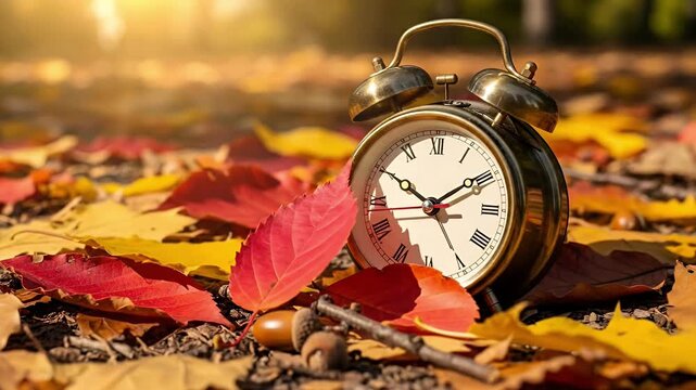 A beautiful vintage-style brass alarm clock sits amidst a vibrant carpet of fallen autumn leaves in striking reds and yellows. Golden sunlight filters through the blurred background, creating a warm, 