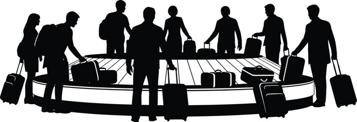 Airport Baggage Claim Carousel Silhouette Passengers and Luggage Vector Graphic