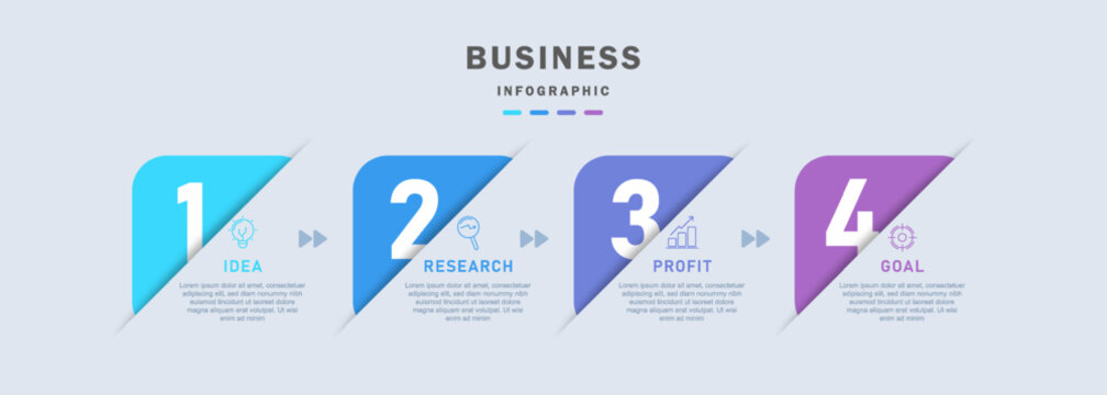 Business infographic template featuring 4 steps with icons and numbered elements. Clean and modern design suitable for business concepts
