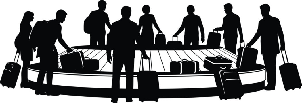 Airport Baggage Claim Carousel Silhouette Passengers and Luggage Vector Graphic