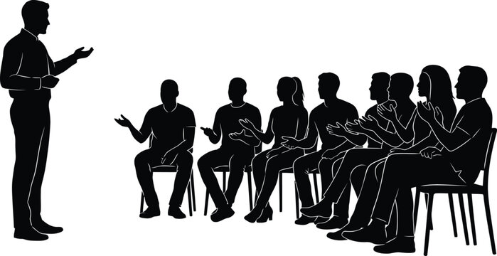 Speaker presenting to seated audience silhouette vector illustration for seminar or training