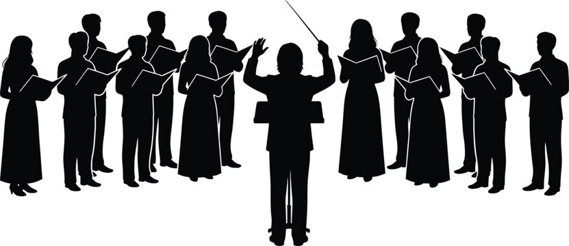 Choir and Conductor Silhouette Vector Illustration Musical Performance Ensemble Black and White Graphic