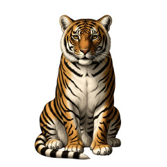Obraz premium A realistic digital illustration of a sitting tiger with orange and black stripes on a white background.