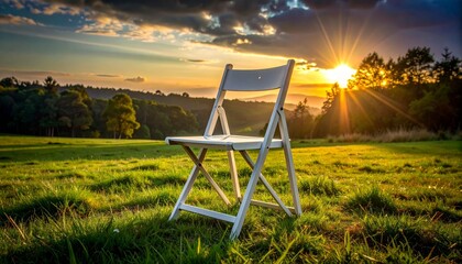 Two chairs on grassy hill overlooking lake and mountains at golden hour, evoking peace and reflection.