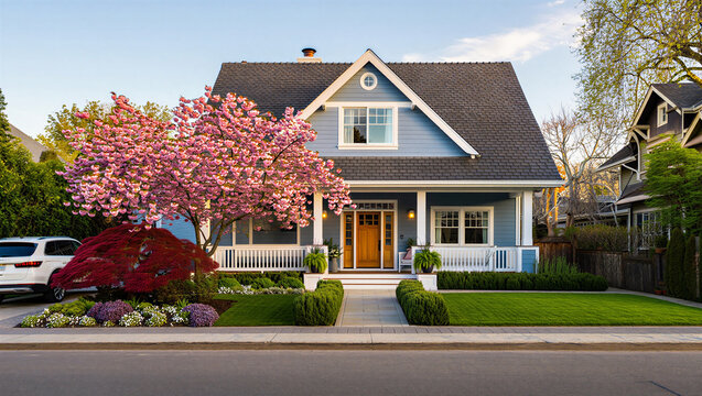 Beautiful blue house with pink tree in front yard on sunny day
