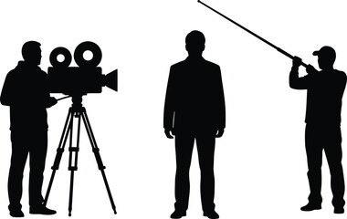 Filmmaking crew silhouettes with vintage film camera, boom operator, and actor or director vector illustration © Meherun